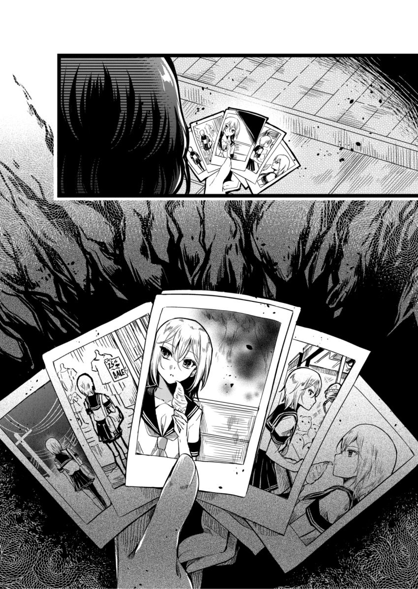 2girls, black_hair, comic, commentary, english_commentary, food, greyscale, hair_between_eyes