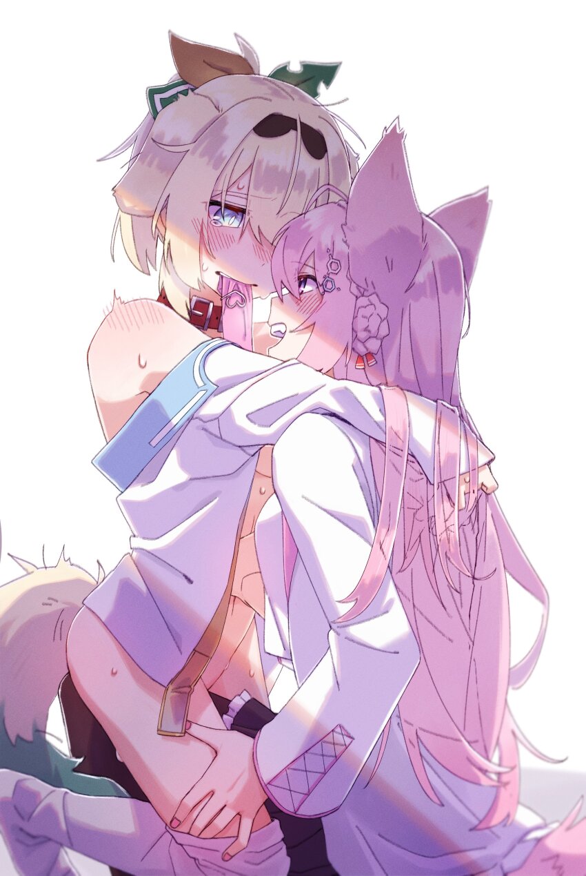 2girls, absurdres, ahoge, animal_ears, blonde_hair, blue_eyes, blush, collar, extra_ears, hair_ornament, hakui_koyori, highres, hololive, kazama_iroha, long_hair, mouth_hold, multiple_girls, pink_eyes, pink_hair, shoulder_blush, sweat, tail, teeth, upper_teeth_only, virtual_youtuber, westlee_ar, yuri