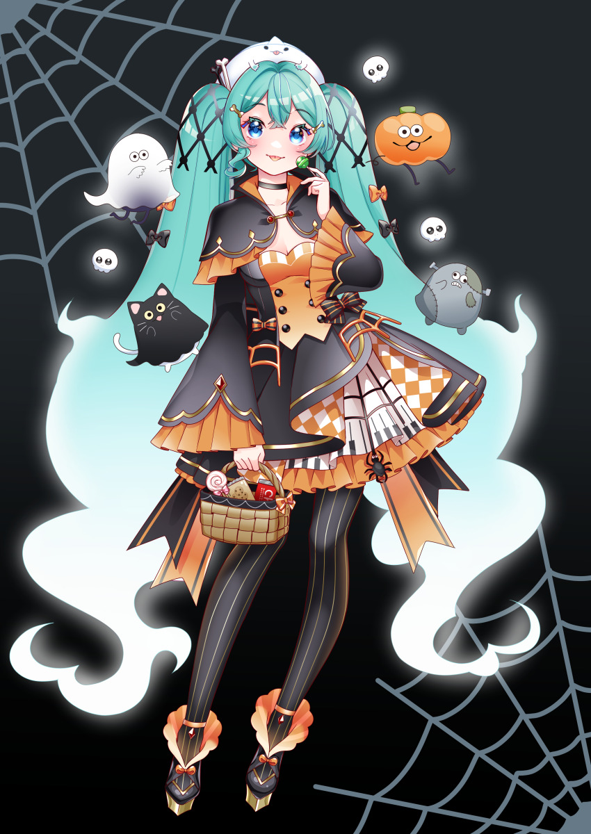 1girl, absurdres, ankle_strap, aqua_hair, argyle_clothes, argyle_dress, basket, blue_eyes, blush, bone_hair_ornament, bow, breasts, bug, candy, capelet, cat, choker, cleavage, dress, food, footwear_bow, frilled_dress, frilled_sleeves, frills, full_body, ghost, gradient_hair, hair_ornament, halloween, hat, hatsune_miku, highres, holding, holding_basket, holding_candy, holding_food, holding_lollipop, jack-o'-lantern, layered_dress, lollipop, long_hair, long_sleeves, looking_at_viewer, masumofu, medium_breasts, multicolored_hair, pantyhose, pumpkin, silk, small_breasts, smile, solo, spider, spider_web, spider_web_print, striped_clothes, striped_pantyhose, tongue, tongue_out, twintails, vertical-striped_clothes, vertical-striped_pantyhose, very_long_hair, vocaloid, white_hair