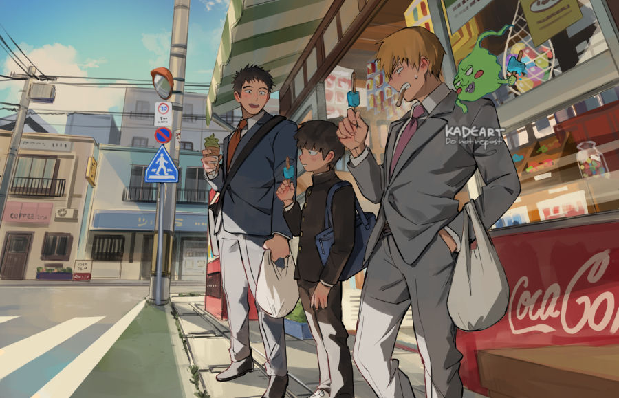 3boys, artist_name, bag, black_hair, blonde_hair, blue_sky, blue_suit, bowl_cut