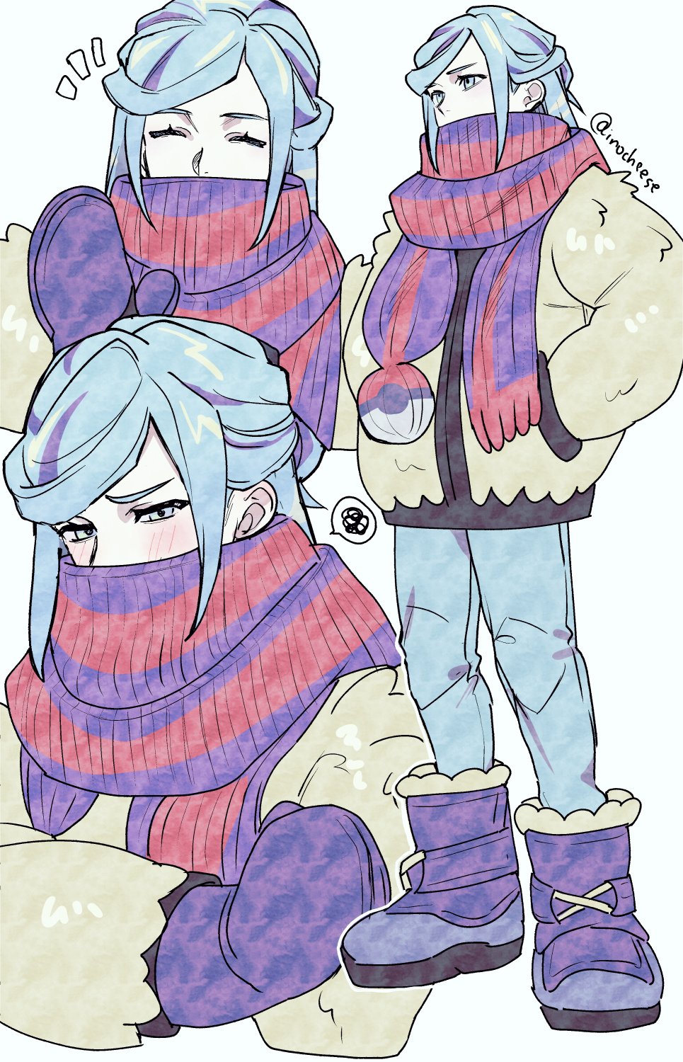 1boy, blue-footed_booby, blue_eyes, blue_hair, blue_mittens, blue_pants, boots, closed_eyes