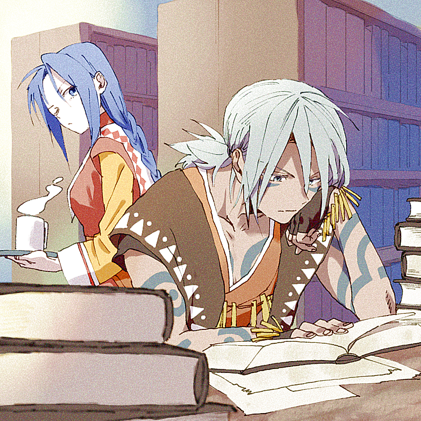 1boy, 1girl, 210_(titoto), arm_tattoo, black_gloves, blue_eyes, blue_hair, book