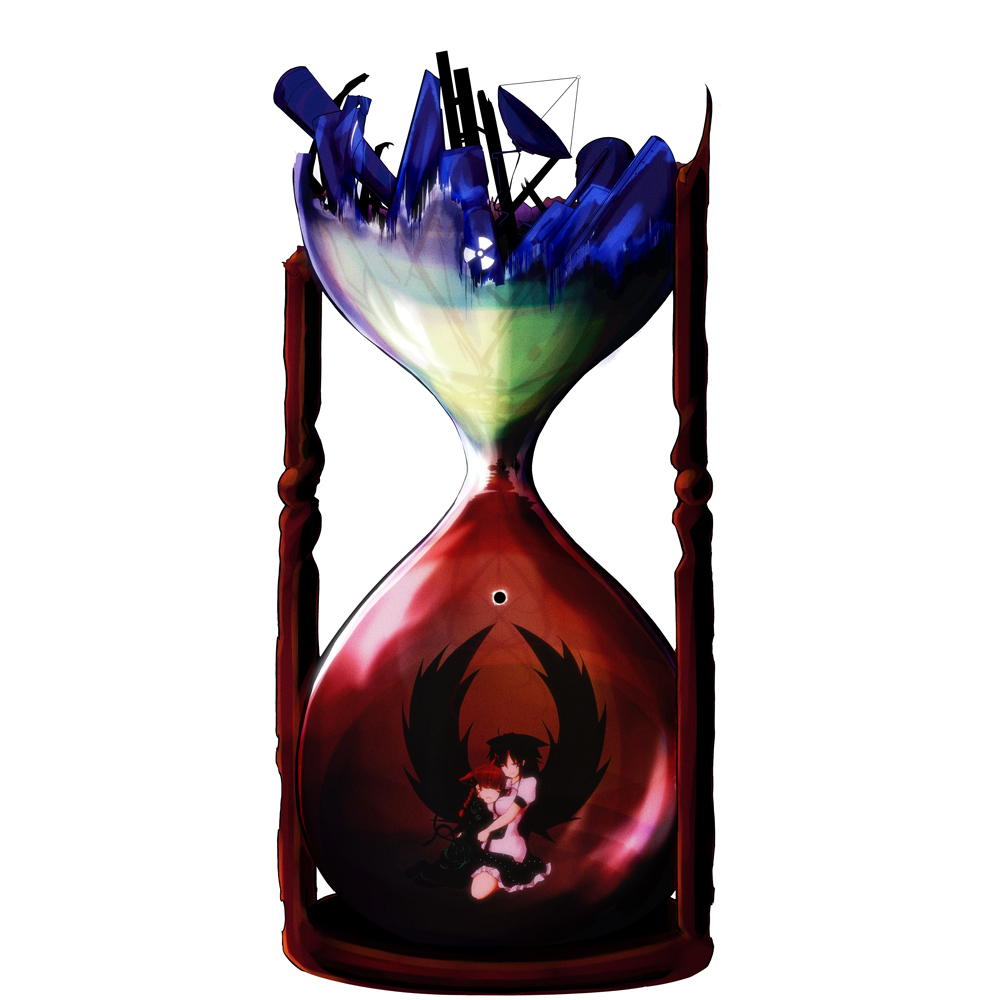 2girls, animal_ears, cat_ears, cat_girl, cat_tail, female_focus, holding, hourglass, imoni, kaenbyou_rin, multiple_girls, radiation_symbol, radioactive, reiuji_utsuho, senoo_arika, surreal, tail, touhou, wings