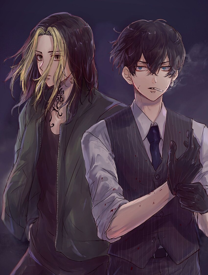 2boys, black_background, black_gloves, black_hair, black_pants, black_shirt, black_vest, blonde_hair