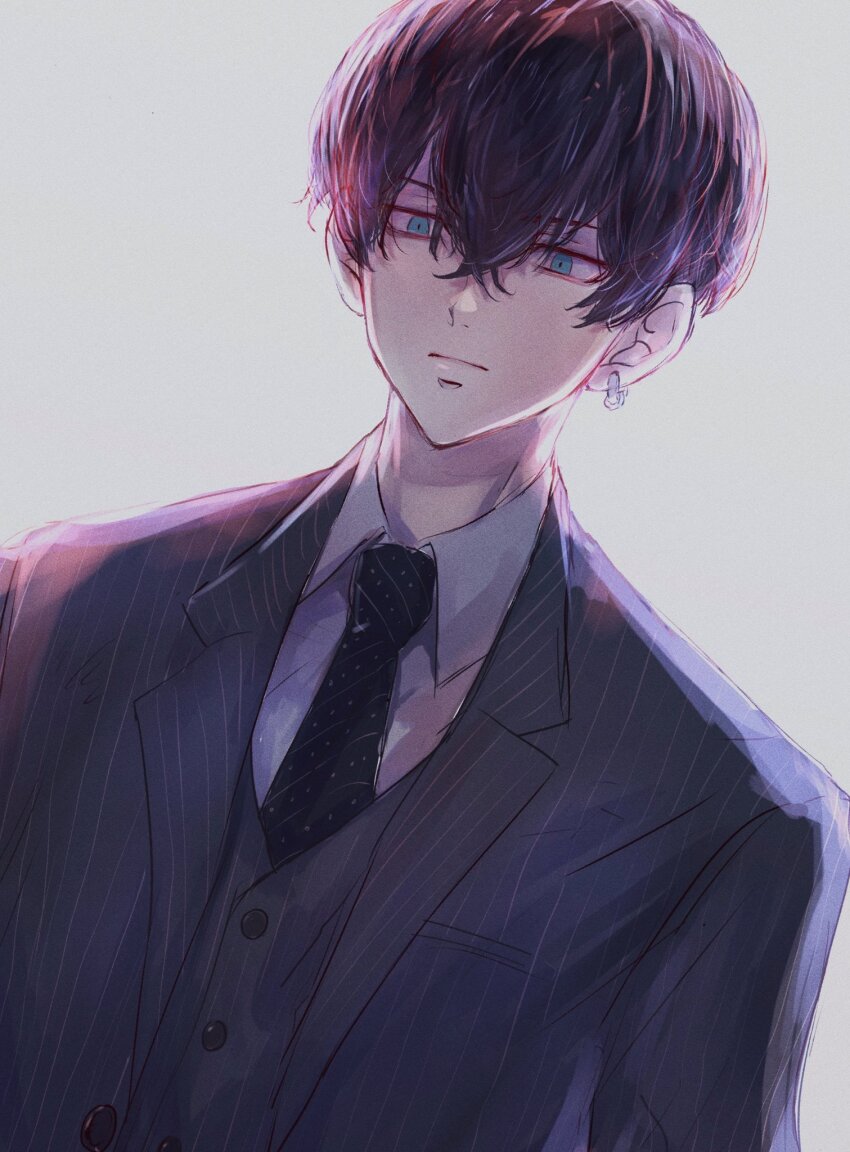 1boy, black_hair, black_necktie, blue_eyes, closed_mouth, collared_shirt, earrings, formal_clothes