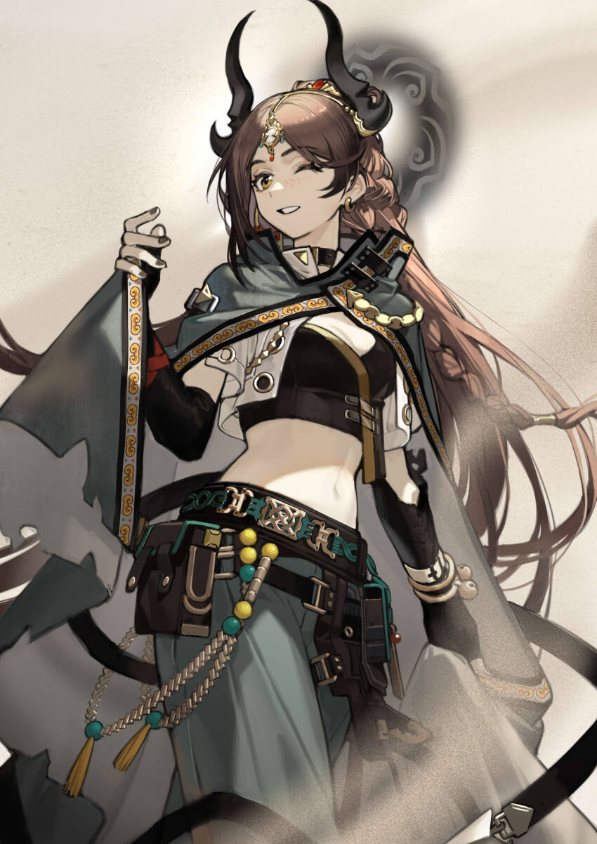 1girl, ;d, absurdres, arknights, belt, belt_pouch, black_gloves, black_nails, breasts, brown_hair, cleavage, collar, crop_top, earrings, elbow_gloves, fingerless_gloves, five-fall, freckles, gloves, grey_pants, highres, holding, horns, jewelry, jie_yun_(arknights), long_hair, looking_at_viewer, medium_breasts, midriff, nail_polish, navel, one_eye_closed, open_mouth, pants, parted_lips, photoshop_(medium), pouch, short_sleeves, smile, solo, very_long_hair