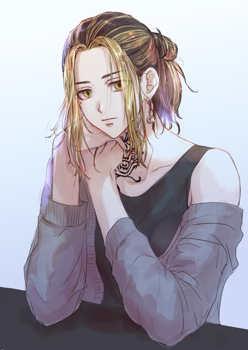 1boy, absurdres, bell, black_hair, black_tank_top, blonde_hair, closed_mouth, earrings, grey_jacket, hair_bun, hanemiya_kazutora, highres, jacket, jewelry, looking_at_viewer, male_focus, medium_hair, mole, mole_under_eye, multicolored_hair, neck_tattoo, off_shoulder, razu_re0824, simple_background, single_earring, solo, tank_top, tattoo, tokyo_revengers, two-tone_hair, upper_body, white_background, yellow_eyes