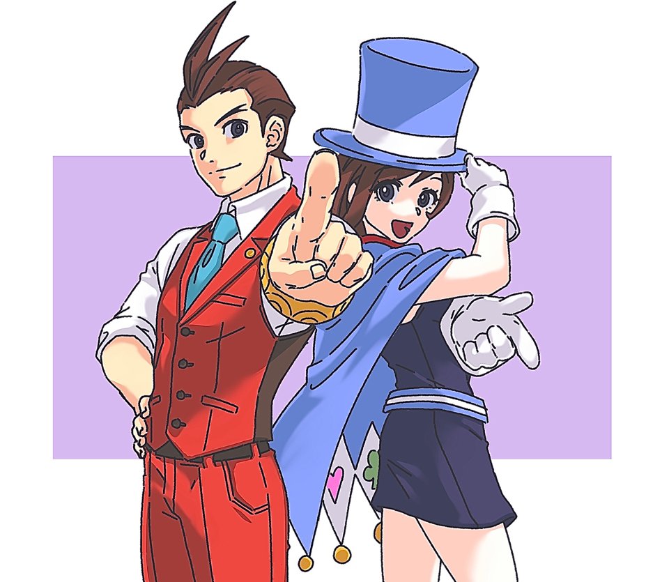 1boy, 1girl, ace_attorney, antenna_hair, apollo_justice, apollo_justice:_ace_attorney, belt, blue_eyes
