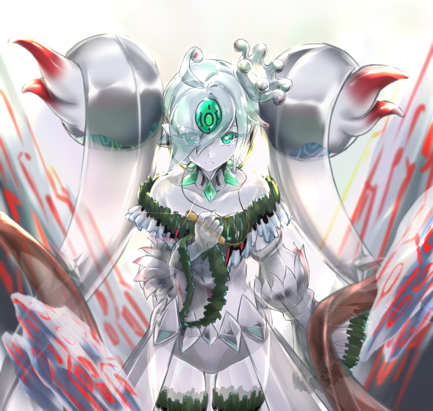 1girl, ahoge, bright_pupils, crown, crystal, detached_sleeves, duel_monster, forehead_jewel, glowing, glowing_eye, green_eyes, hair_over_one_eye, highres, icejade_aegirine, icejade_gymir_aegirine, mini_crown, pointy_ears, see-through_body, see-through_clothes, soanote, tears, see-through_hair, white_pupils, wide_sleeves, yu-gi-oh!