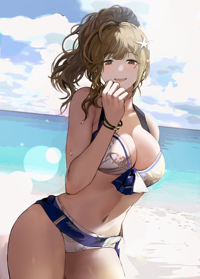 1girl, beach, bikini, blush, bracelet, breasts, brown_hair, cleavage