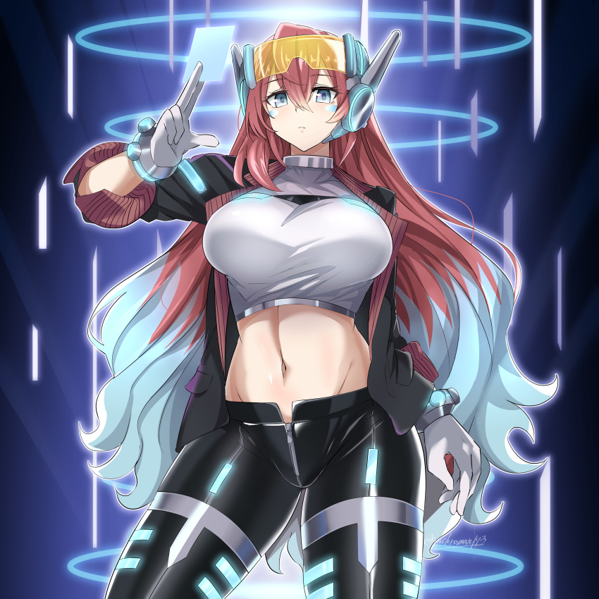 1girl, absurdres, black_jacket, black_pants, blue_eyes, blue_hair, breasts, brown_hair