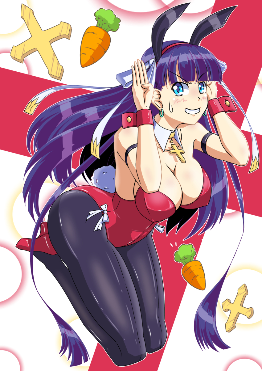 1girl, animal_ears, blue_eyes, breasts, choker, cleavage, cross, cross_choker