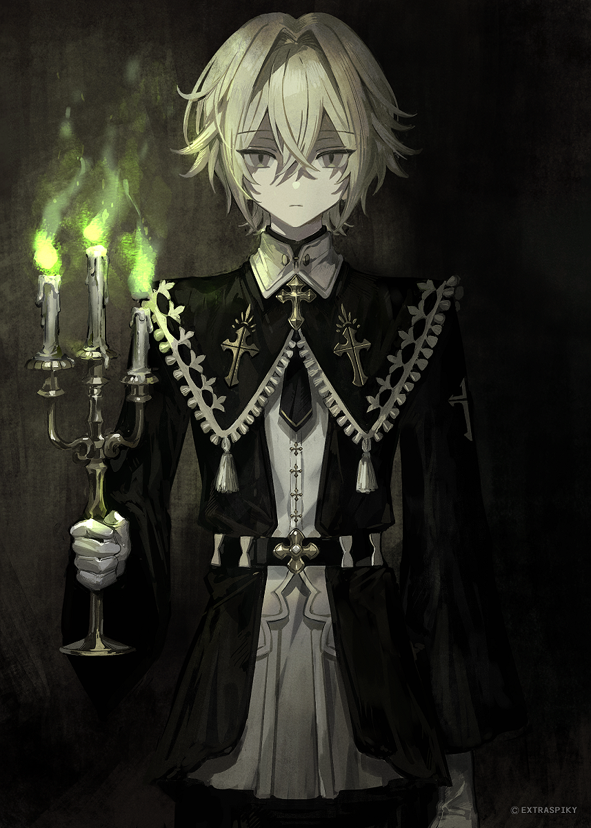 1boy, belt, black_background, black_belt, black_jacket, blonde_hair, candle, candlelight