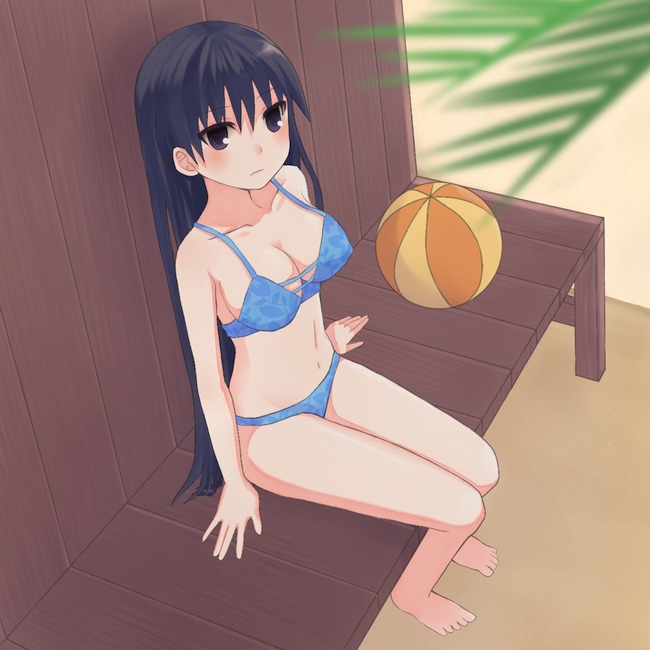 1girl, azumanga_daiou, ball, barefoot, beach, beachball, bench, bikini, black_eyes, black_hair, blue_bikini, closed_mouth, collarbone, female_focus, hinuki_marina, long_hair, looking_at_viewer, navel, outdoors, sakaki_(azumanga_daioh), sand, sitting, solo, stomach, swimsuit, toes
