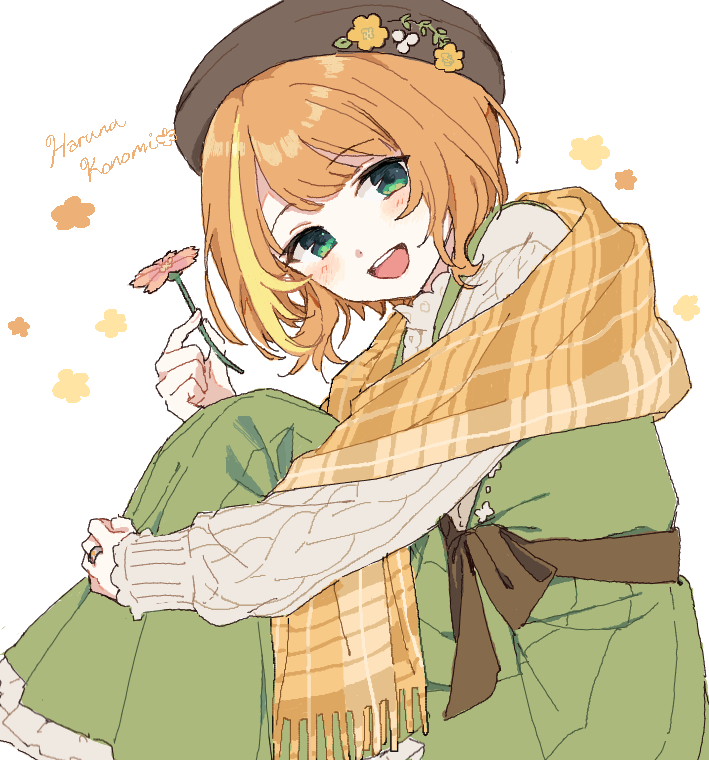 1girl, :d, aran_sweater, belt, beret, blush, boyano, brown_belt