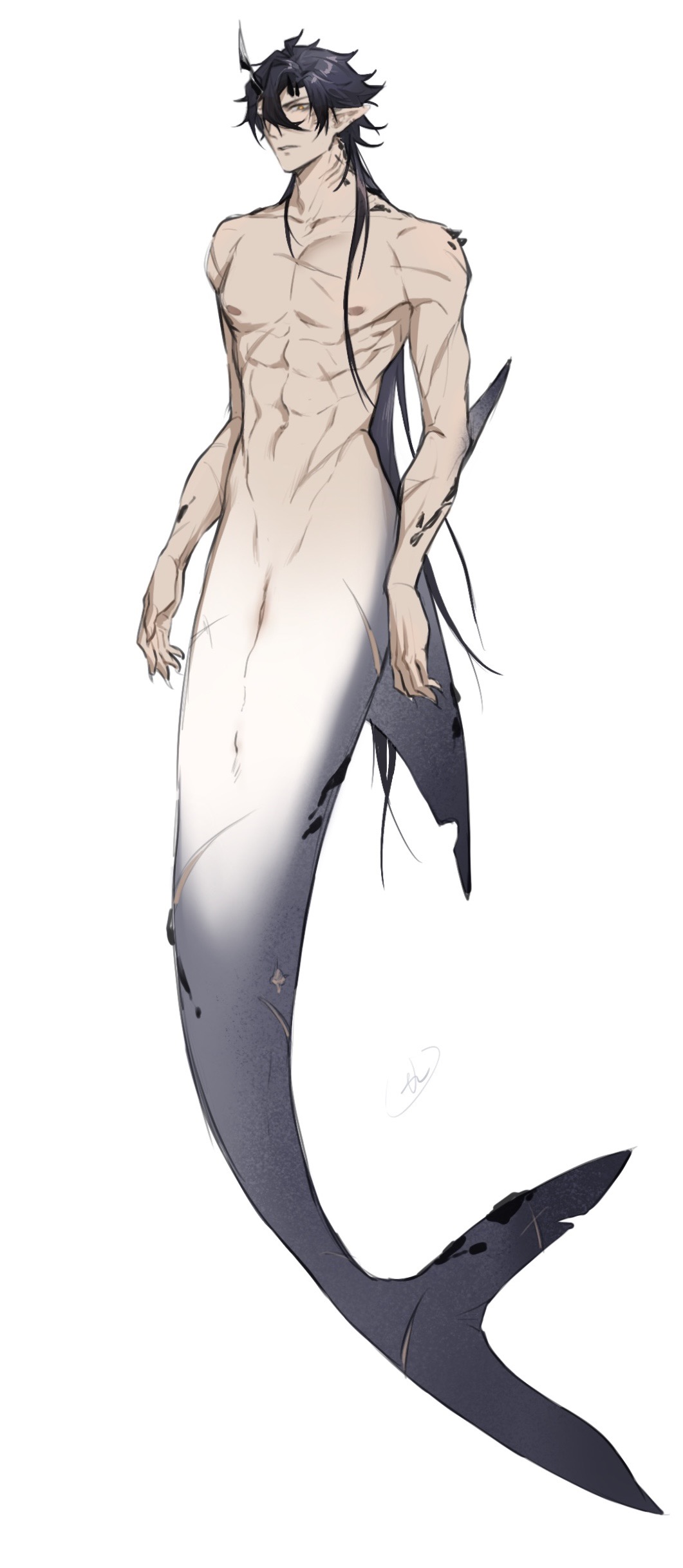 1boy, 70281510, absurdres, arknights, black_hair, cloaca, completely_nude, demon_horns, flamebringer_(arknights), full_body, hair_between_eyes, highres, horns, looking_at_viewer, male_focus, mermaid, merman, monster_boy, monster_girl, monsterification, nude, orange_eyes, pectorals, pointy_ears, short_hair, single_horn, solo, toned, toned_male