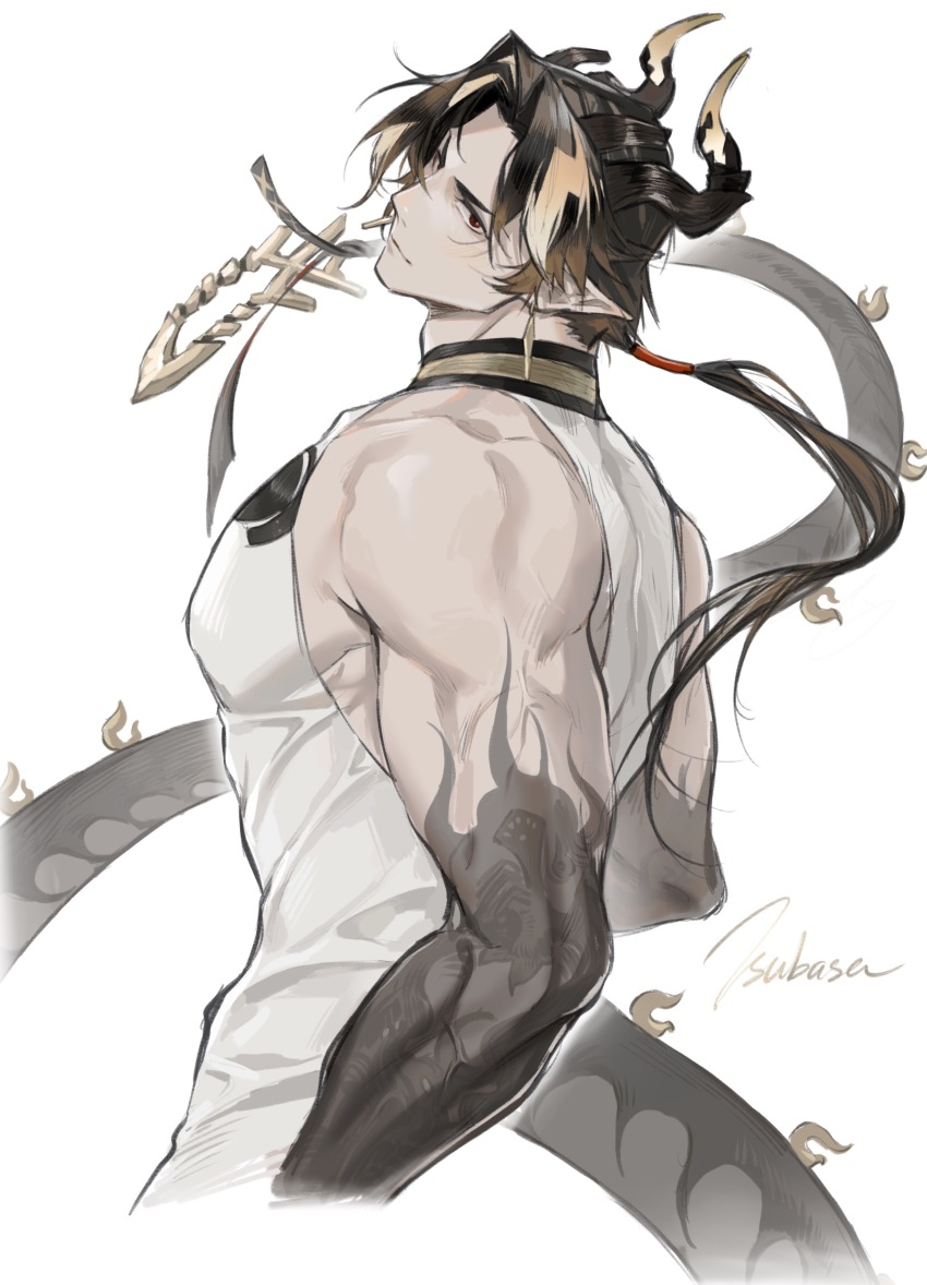1boy, 70281510, absurdres, arknights, black_hair, chongyue_(arknights), cowboy_shot, curled_horns