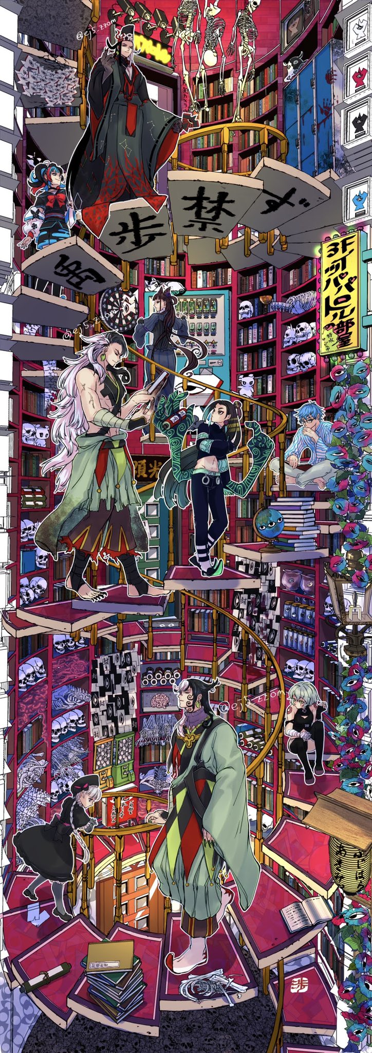 3boys, 3girls, ashiya_douman_(fate), ashiya_douman_(second_ascension)_(fate), ashiya_douman_(third_ascension)_(fate), bell, black_eyes, black_hair