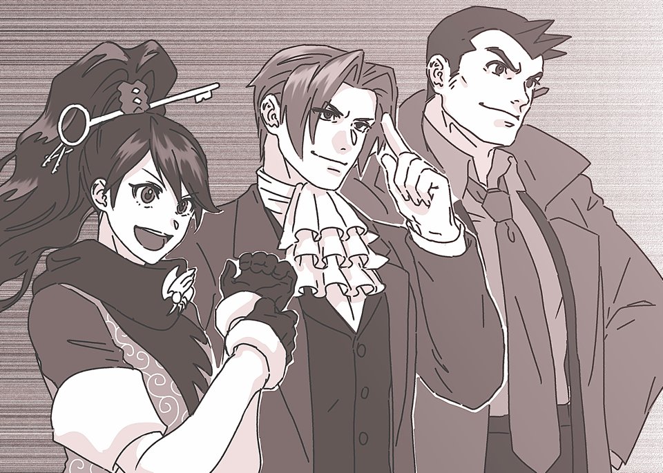 1girl, 2boys, ace_attorney, ace_attorney_investigations, adjusting_clothes, adjusting_gloves, ascot, closed_mouth
