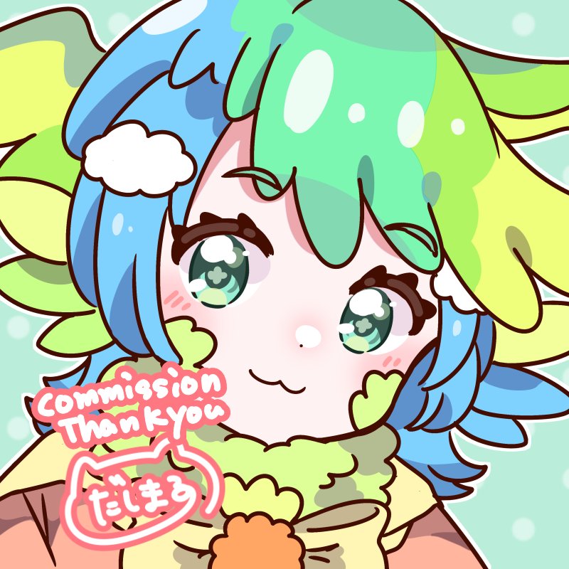 1girl, blonde_hair, blue_hair, blush, clover_(vtuber), commission, dasimaru000000, english_text, green_eyes, green_hair, indie_virtual_youtuber, looking_at_viewer, multicolored_hair, signature, skeb_commission, solo, virtual_youtuber