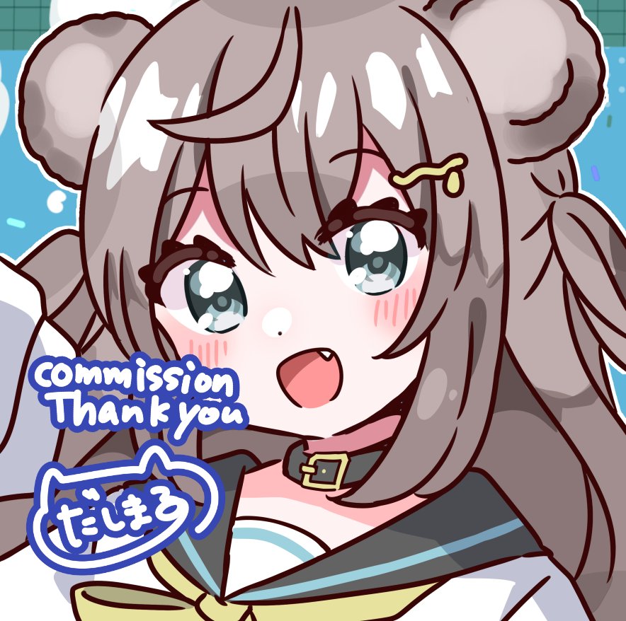 1girl, blue_eyes, brown_hair, choker, commission, dasimaru000000, english_text, female_focus