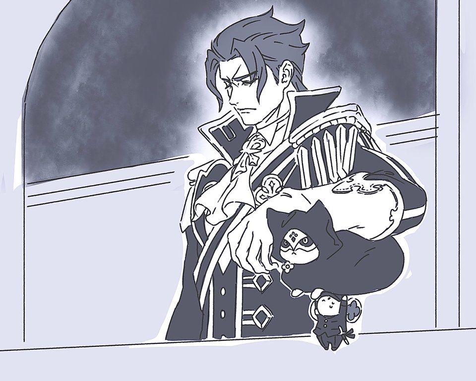 1boy, ace_attorney, ascot, barok_van_zieks, cape, cat, character_doll, closed_eyes