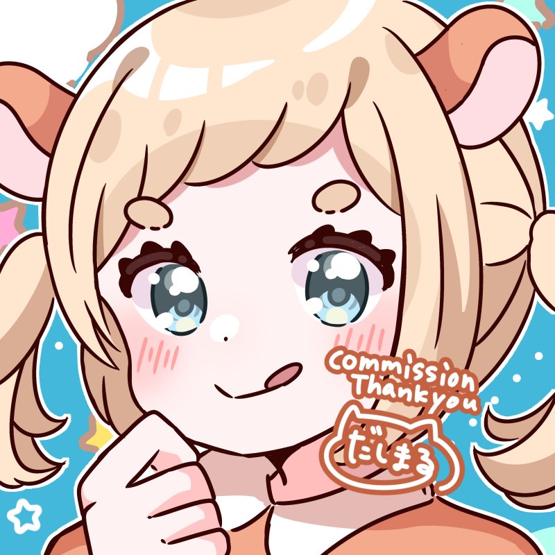 1girl, :p, animal_ears, blue_eyes, blush, character_request, commission, dasimaru000000, deer_ears, deer_girl, english_text, female_focus, looking_at_viewer, signature, skeb_commission, solo, tongue, tongue_out