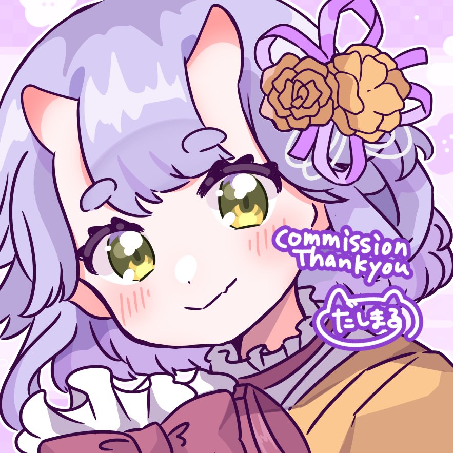 1girl, character_request, commission, dasimaru000000, english_text, fang, female_focus, horns