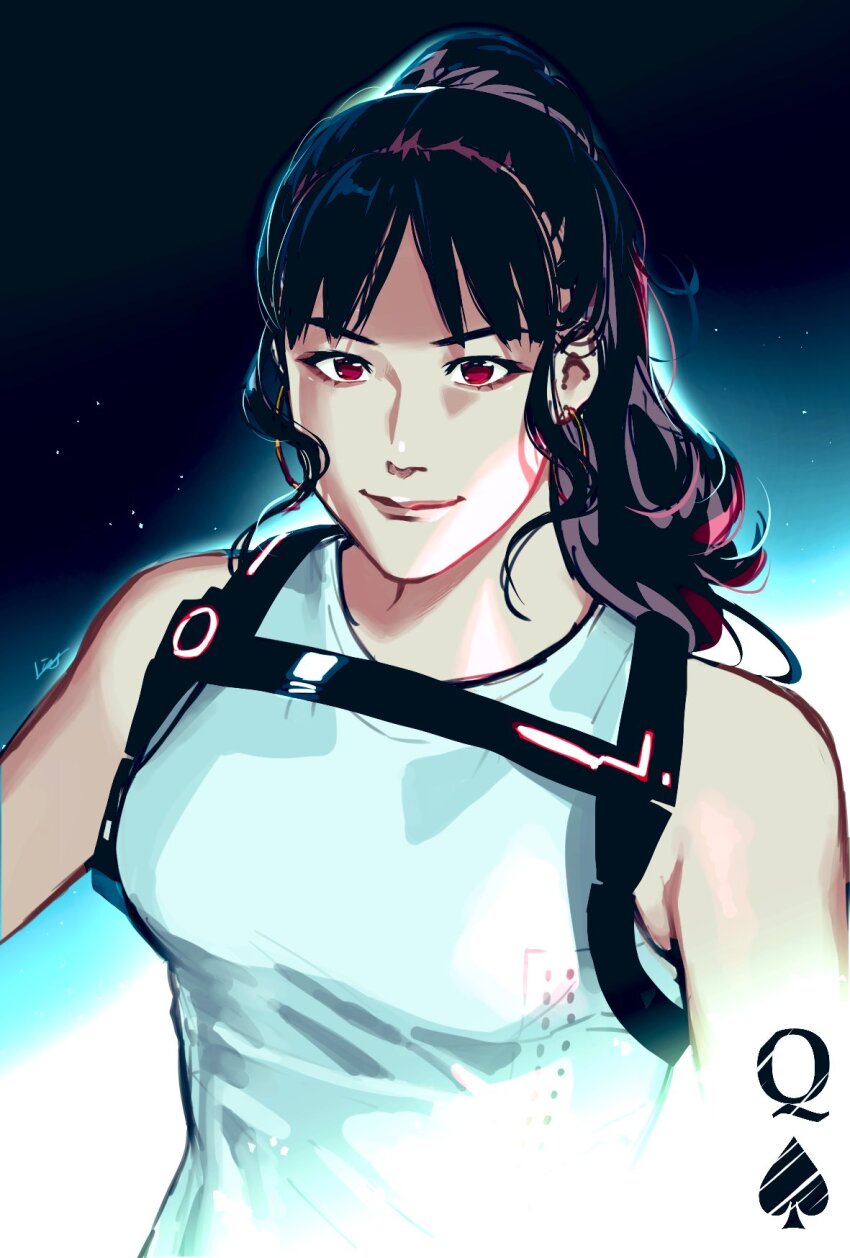 1girl, black_hair, breasts, chest_harness, earrings, hair_behind_ear, harness, highres