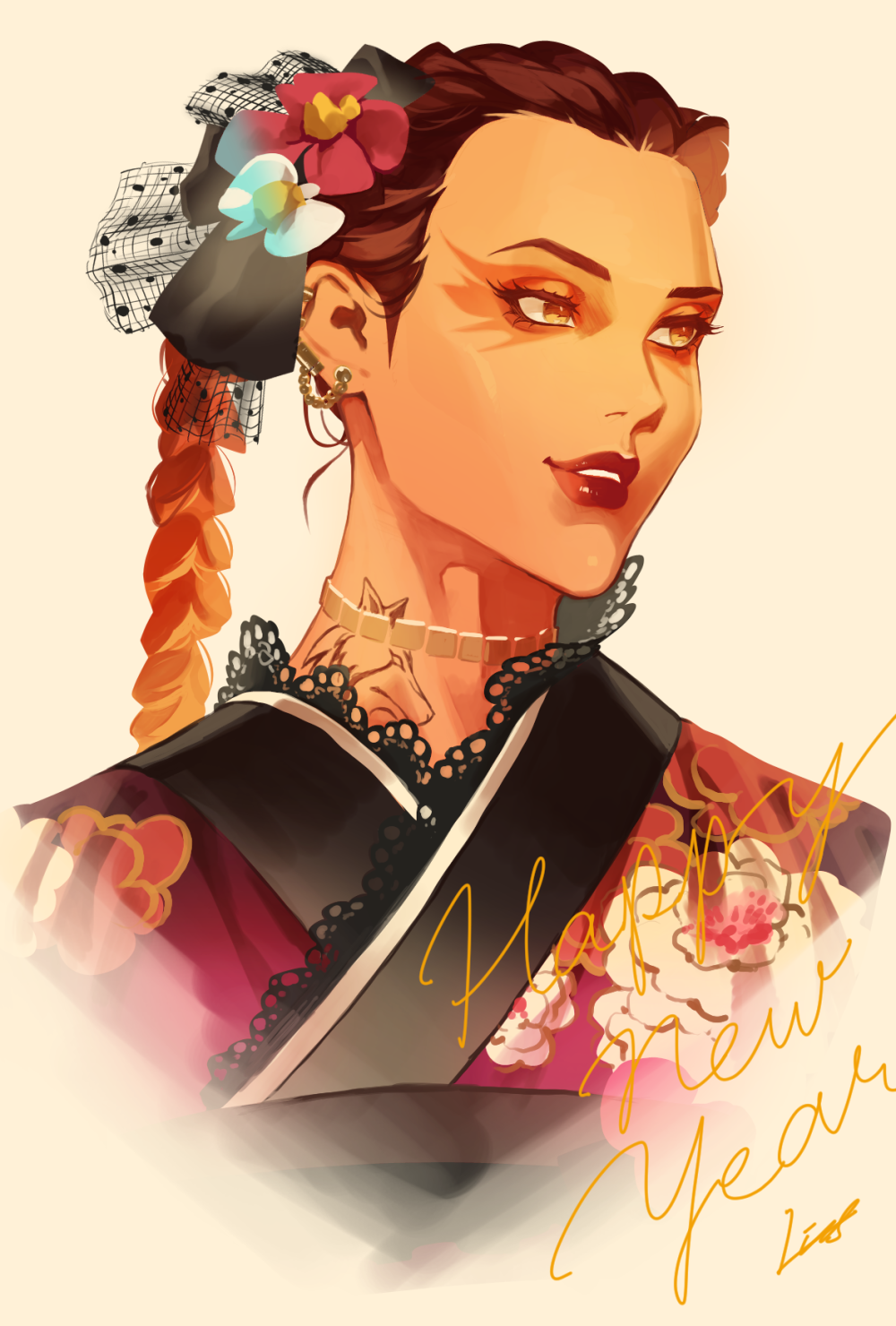 1girl, alternate_costume, animification, apex_legends, black_ribbon, brown_background, brown_eyes, brown_hair, ear_piercing, eyeshadow, flower, gold_choker, hair_behind_ear, hair_flower, hair_ornament, hair_ribbon, happy_new_year, highres, japanese_clothes, kimono, loba_(apex_legends), looking_to_the_side, makeup, neck_tattoo, new_year, parted_lips, piercing, portrait, rainasu, red_eyeshadow, red_flower, red_lips, ribbon, solo, tattoo, white_flower