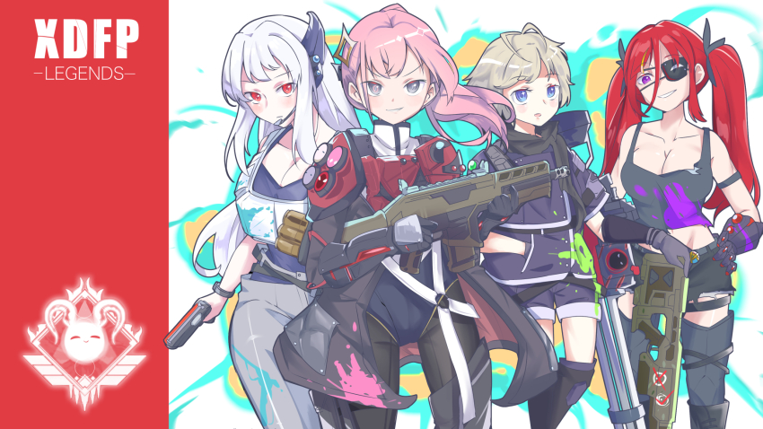 4girls, apex_legends, armor, assault_rifle, black_footwear, black_gloves, black_jacket, black_pantyhose