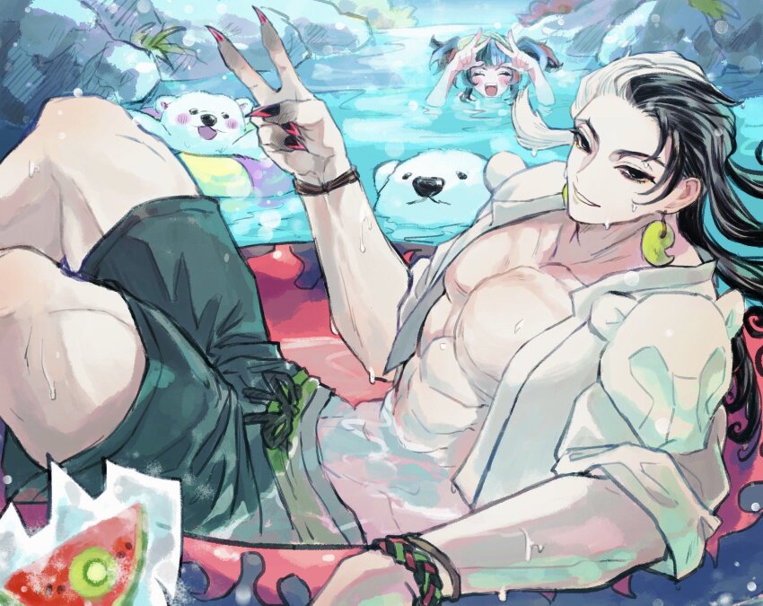 1girl, ashiya_douman_(fate), bare_pectorals, bear, black_eyes, black_hair, curly_hair, fate/grand_order