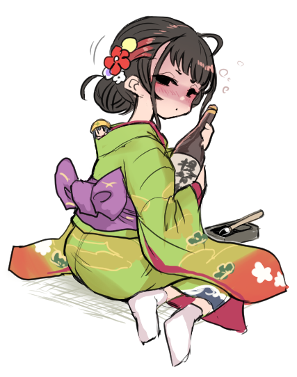 2girls, black_eyes, black_hair, blush, bottle, brown_hair, calligraphy_brush, drunk