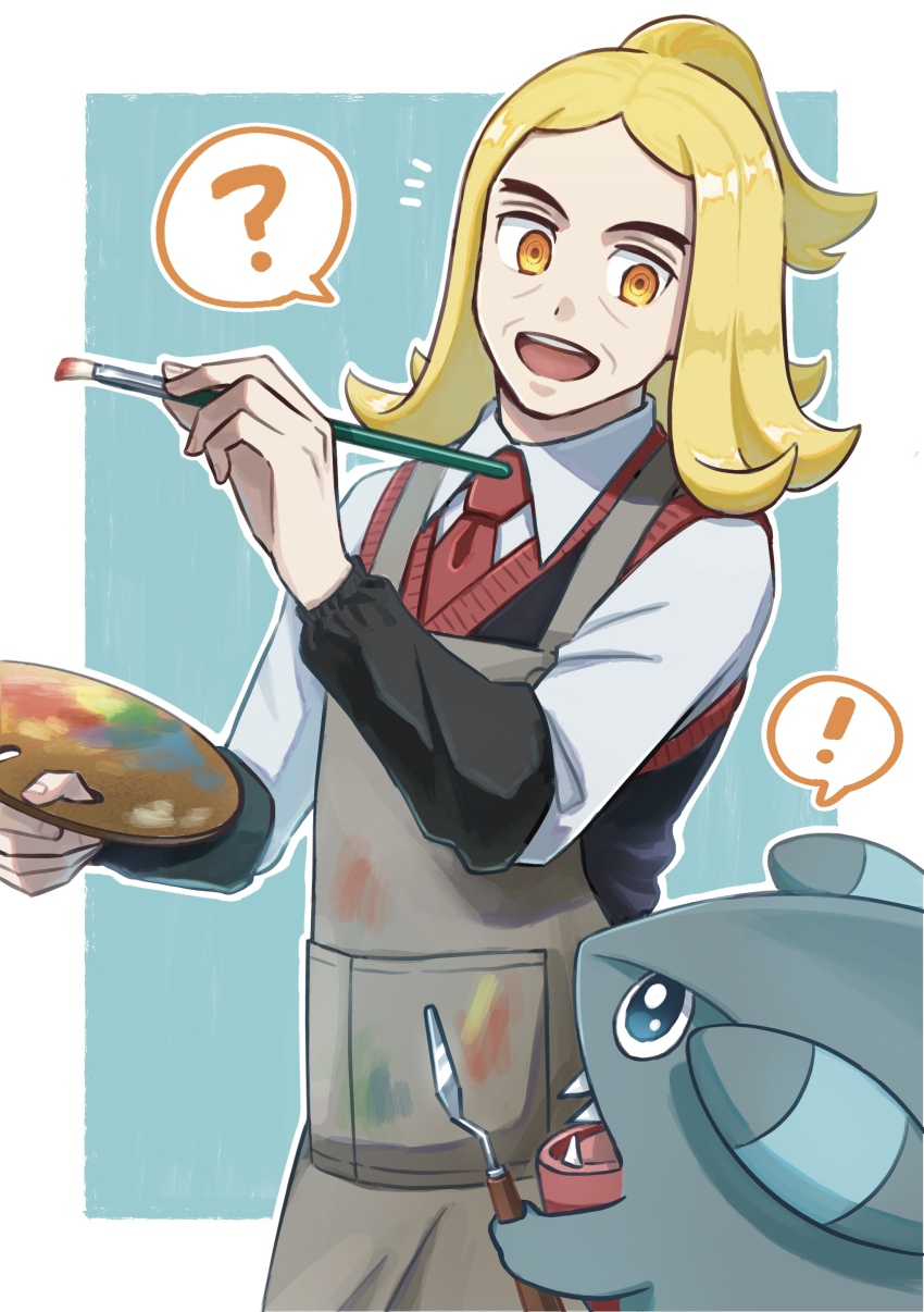 1boy, :d, ?, absurdres, apron, blonde_hair, collared_shirt, commentary_request