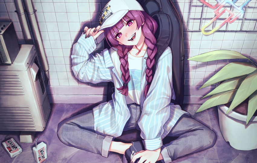 absurdres, baseball_cap, bocchi_the_rock!, braid, drink, hat, hat_tip, highres, hiroi_kikuri, indian_style, open_clothes, pants, plant, potted_plant, purple_eyes, purple_hair, sharp_teeth, shirt, sitting, smile, solo, tamayume, teeth, twin_braids, white_shirt