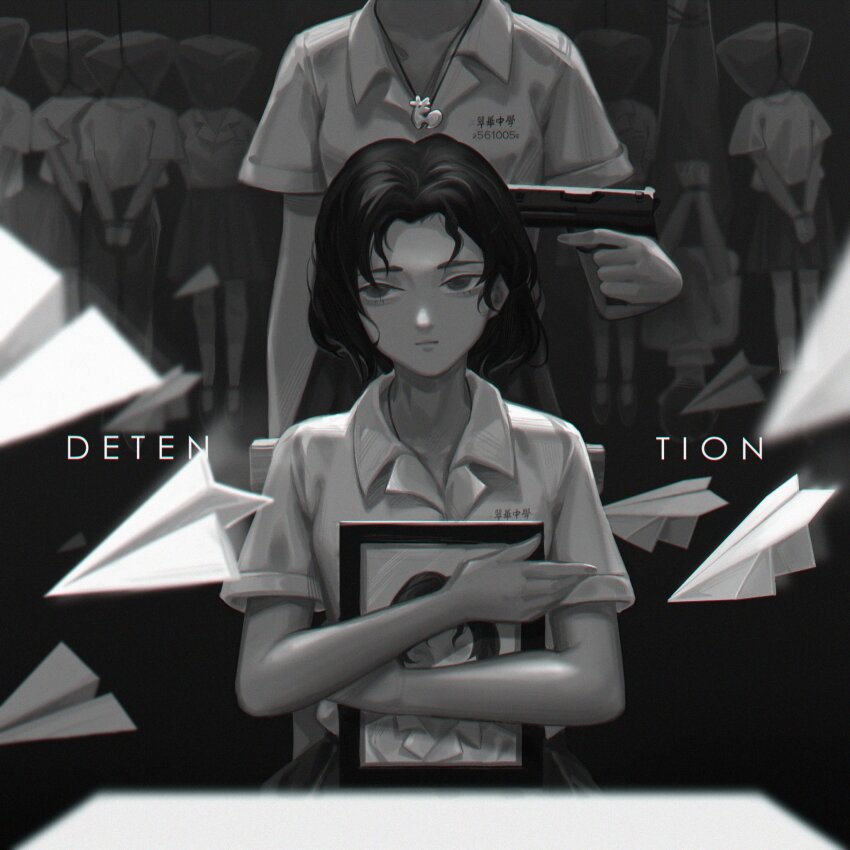 chair, copyright_name, desk, detention_(game), execution, fang_ray_shin, greyscale, gun_to_head, hanged, hanging, head_out_of_frame, highres, holding, holding_photo, horror_(theme), jewelry, monochrome, mr.gx, necklace, noose, paper_airplane, photo_(object), school_chair, school_desk, school_uniform, shirt, short_hair, short_sleeves, sitting, solo_focus, white_shirt