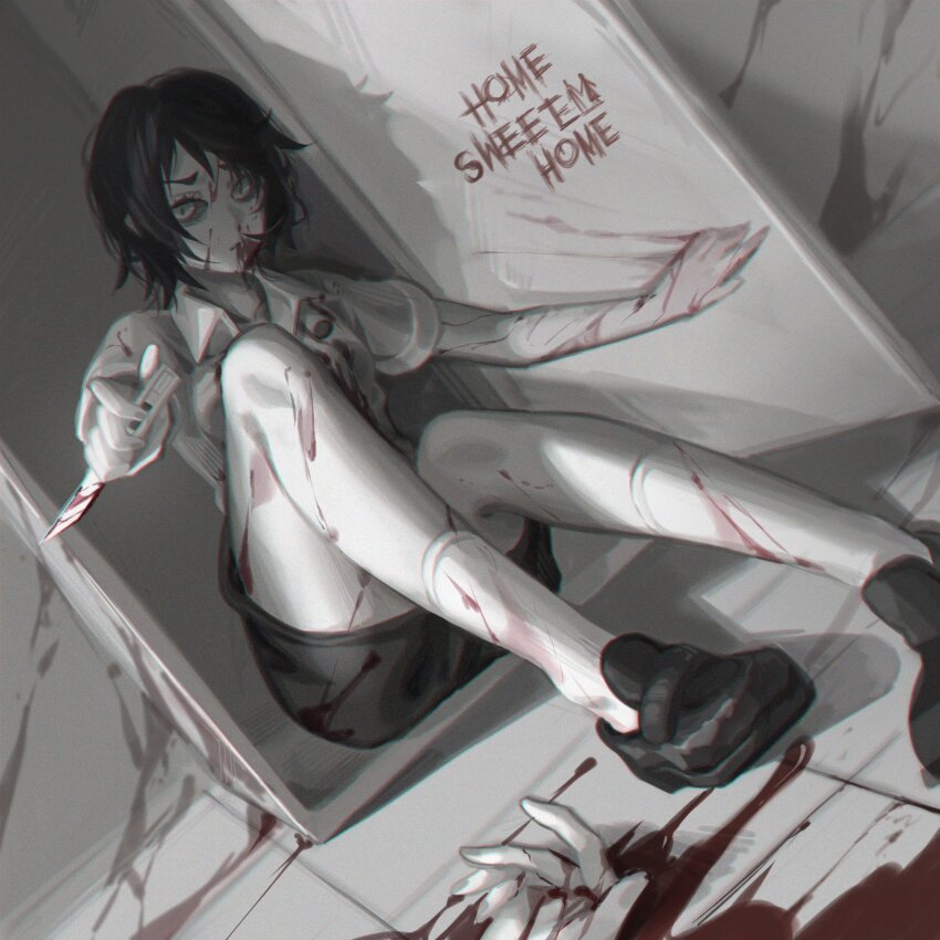 1girl, black_footwear, black_hair, blood, blood_on_clothes, blood_on_face, blood_on_leg, blood_writing, bloody_weapon, boxcutter_girl_(home_sweet_home), convenient_leg, copyright_name, highres, holding, holding_knife, home_sweet_home_(game), horror_(theme), indoors, knife, looking_at_viewer, mr.gx, shirt, short_hair, sitting, solo, weapon, white_shirt