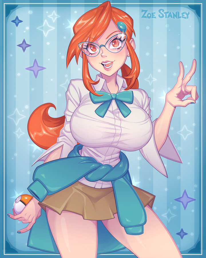 1girl, breasts, candice_(pokemon), candice_(pokemon)_(cosplay), clothes_around_waist, cosplay, glasses, large_breasts, lips, long_sleeves, lorelei_(pokemon), miniskirt, nail_polish, nintendo, poke_ball, pokemon, pokemon_diamond/pearl/platinum, pokemon_firered_and_leafgreen, ponytail, red_eyes, red_hair, skirt, sweater, sweater_around_waist, zoe_stanley