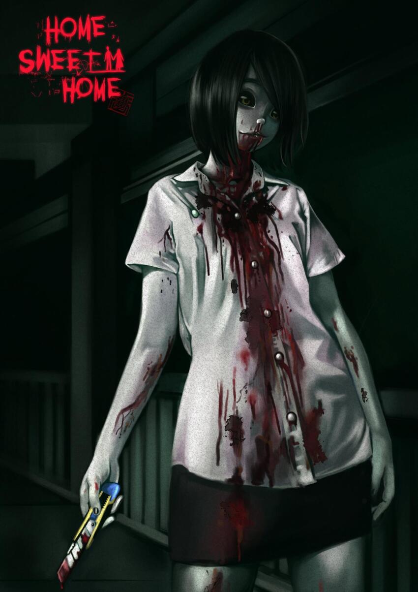 1girl, black_hair, black_sclera, black_shorts, blood, blood_on_arm, blood_on_clothes, blood_on_face, bloody_weapon, boxcutter, boxcutter_girl_(home_sweet_home), colored_sclera, copyright_name, dark_background, highres, holding, holding_boxcutter, home_sweet_home_(game), horror_(theme), night, nomed0018, shirt, short_hair, shorts, standing, weapon, white_shirt, yellow_eyes