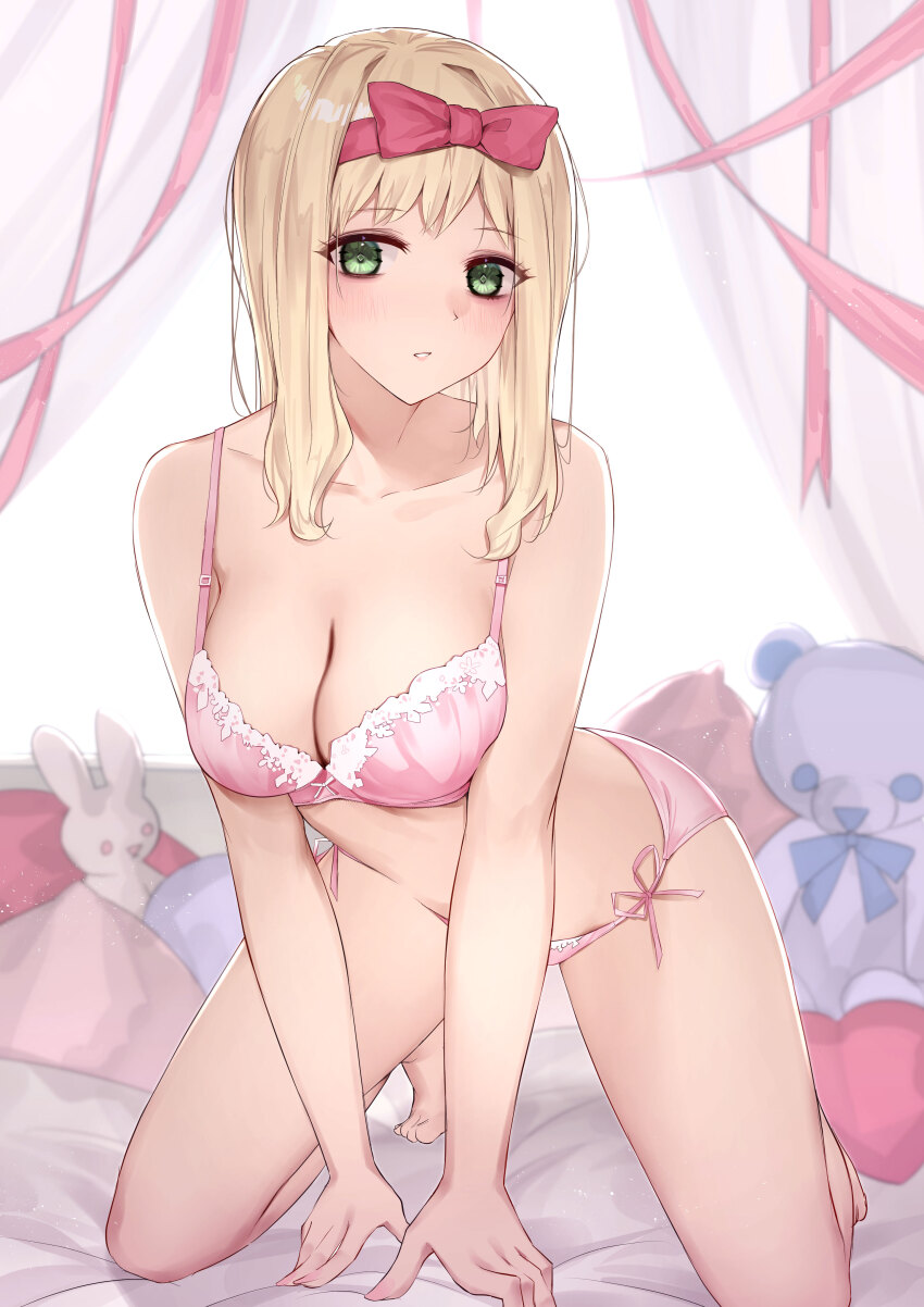 1girl, absurdres, bare_arms, bare_legs, barefoot, bed_sheet, blonde_hair, blush, bow, bra, breasts, cleavage, collarbone, green_eyes, hair_bow, hairband, heart, heart-shaped_pillow, highres, ichijou_natsu, indoors, kanju, kneeling, leaning_forward, long_hair, looking_at_viewer, medium_breasts, panties, parted_lips, pillow, pink_bra, pink_panties, red_bow, red_hairband, shuumatsu_no_harem, side-tie_panties, sitting, solo, stuffed_animal, stuffed_toy, teddy_bear, underwear, underwear_only