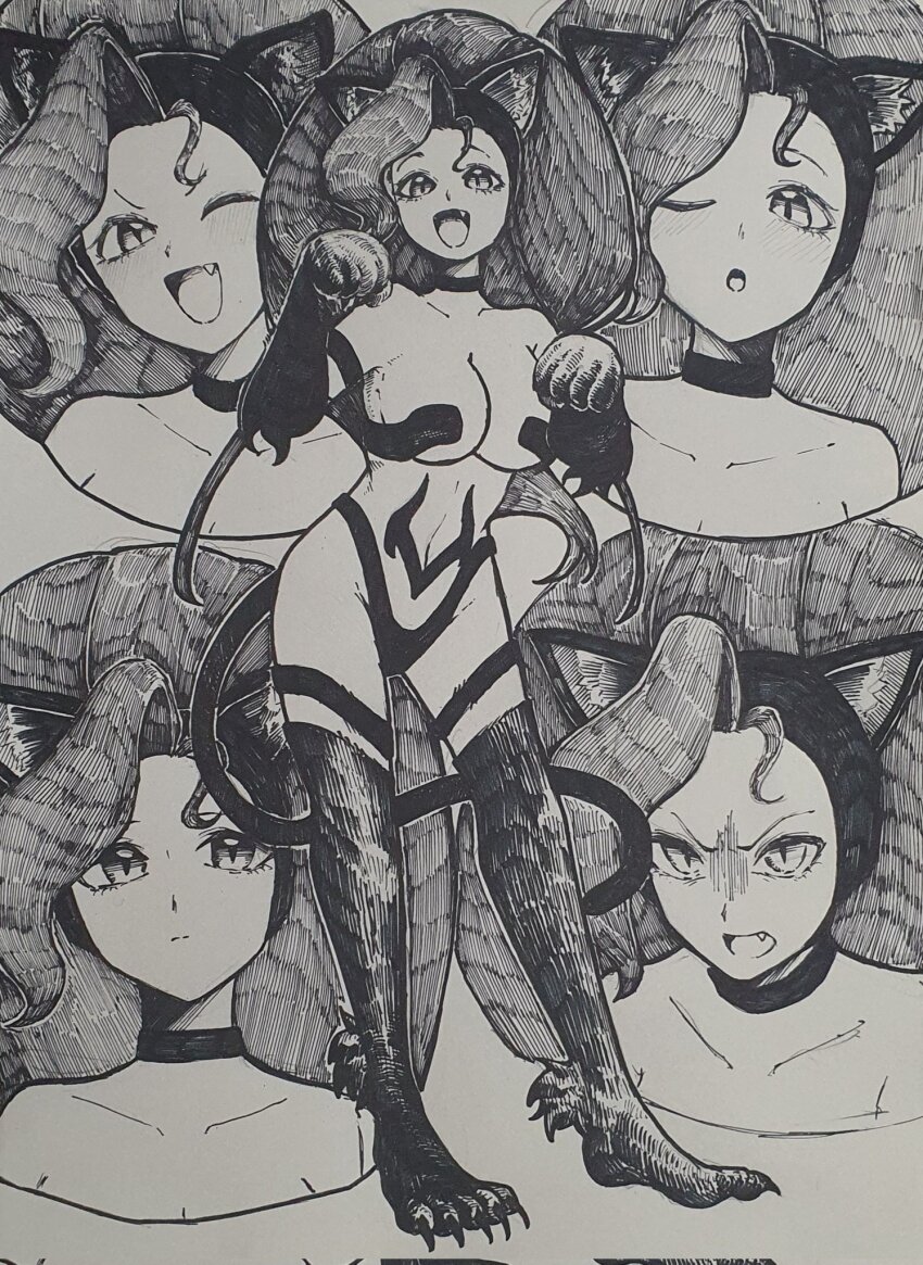 1girl, animal_ears, cat_girl, epeulu_(ate5424), fang, felicia_(darkstalkers), highres, multiple_views