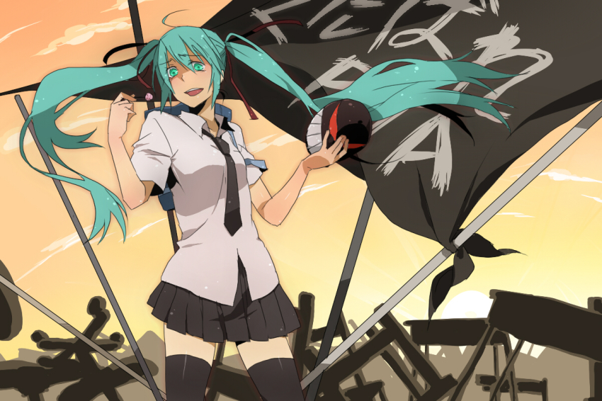 1girl, aqua_eyes, aqua_hair, catgirl0926, female_focus, flag, hatsune_miku, kutabare_pta_(vocaloid)
