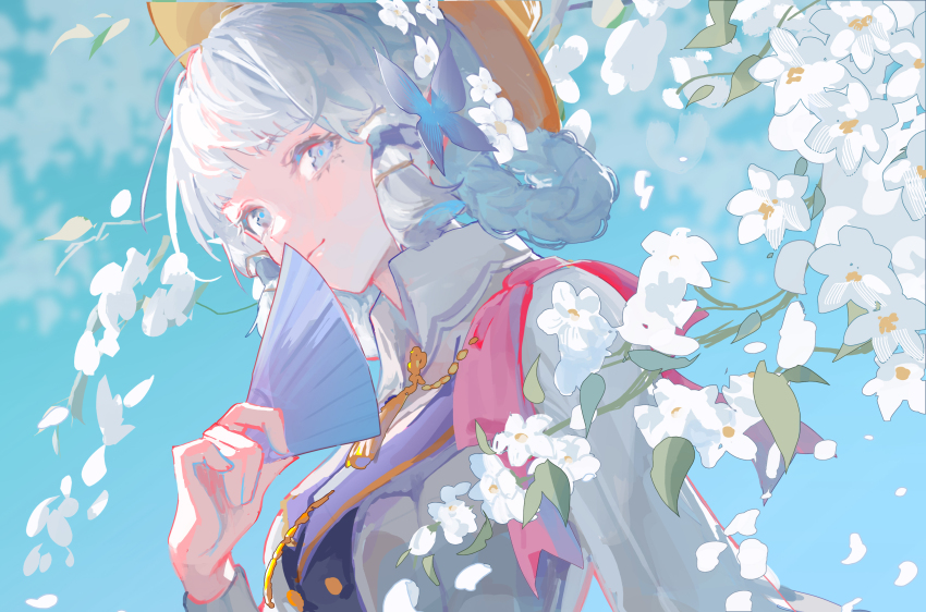 1girl, absurdres, ayaka_(genshin_impact), blue_eyes, blue_hair, flower, genshin_impact, hand_fan
