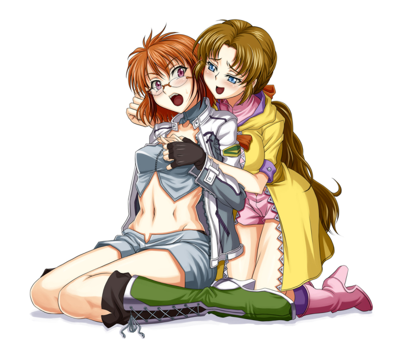 2girls, banpresto, blue_eyes, blush, boots, brown_hair, embarrassed, fingerless_gloves