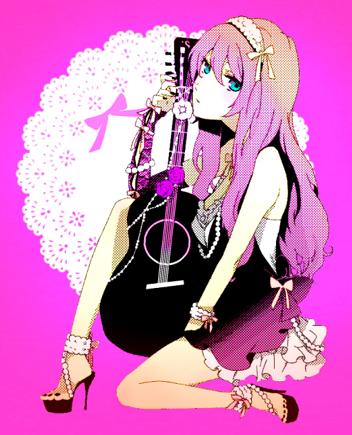 1girl, acoustic_guitar, aqua_eyes, bad_id, bad_pixiv_id, bracelet, female_focus, flower