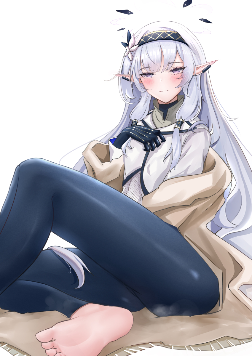 1girl, absurdres, barefoot, black_bodysuit, black_hairband, blue_archive, blue_leggings, blush