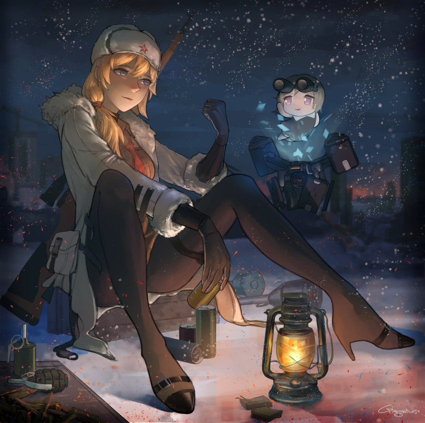 1girl, absurdres, arm_up, artist_name, battle_rifle, black_bodysuit, black_footwear, black_pantyhose, blonde_hair, blue_eyes, blush, bodysuit, bolt_action, brown_sweater, bullet, can, closed_mouth, coat, commentary, drone, explosive, full_body, fur-trimmed_coat, fur_trim, gblamgo, girls'_frontline, grenade, gun, gun_on_back, hair_ornament, hairpin, high_heels, highres, holding, holding_can, lamp, lantern, legs, lips, long_hair, long_sleeves, looking_away, mosin-nagant, mosin-nagant_(girls'_frontline), mosin-nagant_(mod3)_(girls'_frontline), necktie, night, open_clothes, open_coat, pantyhose, red_necktie, rifle, shell_casing, sitting, sky, snow, snowflakes, solo, sweater, weapon, weapon_on_back, white_coat, white_headwear, winter