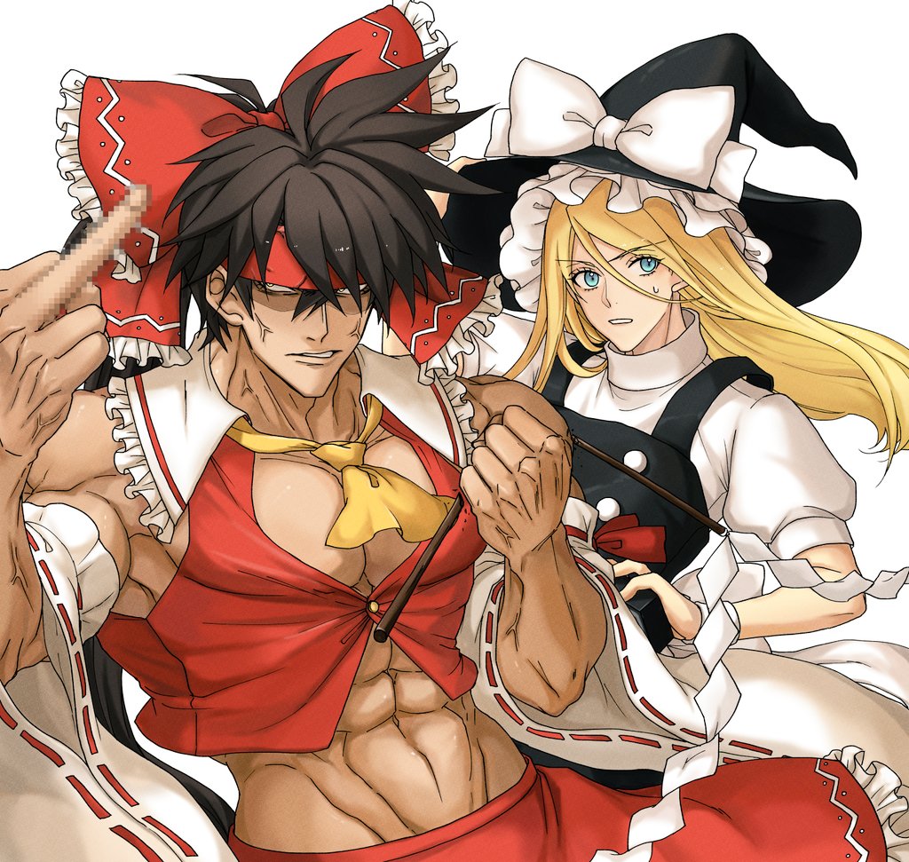 2boys, abs, angry, ascot, blonde_hair, brown_hair, censored, clenched_hand