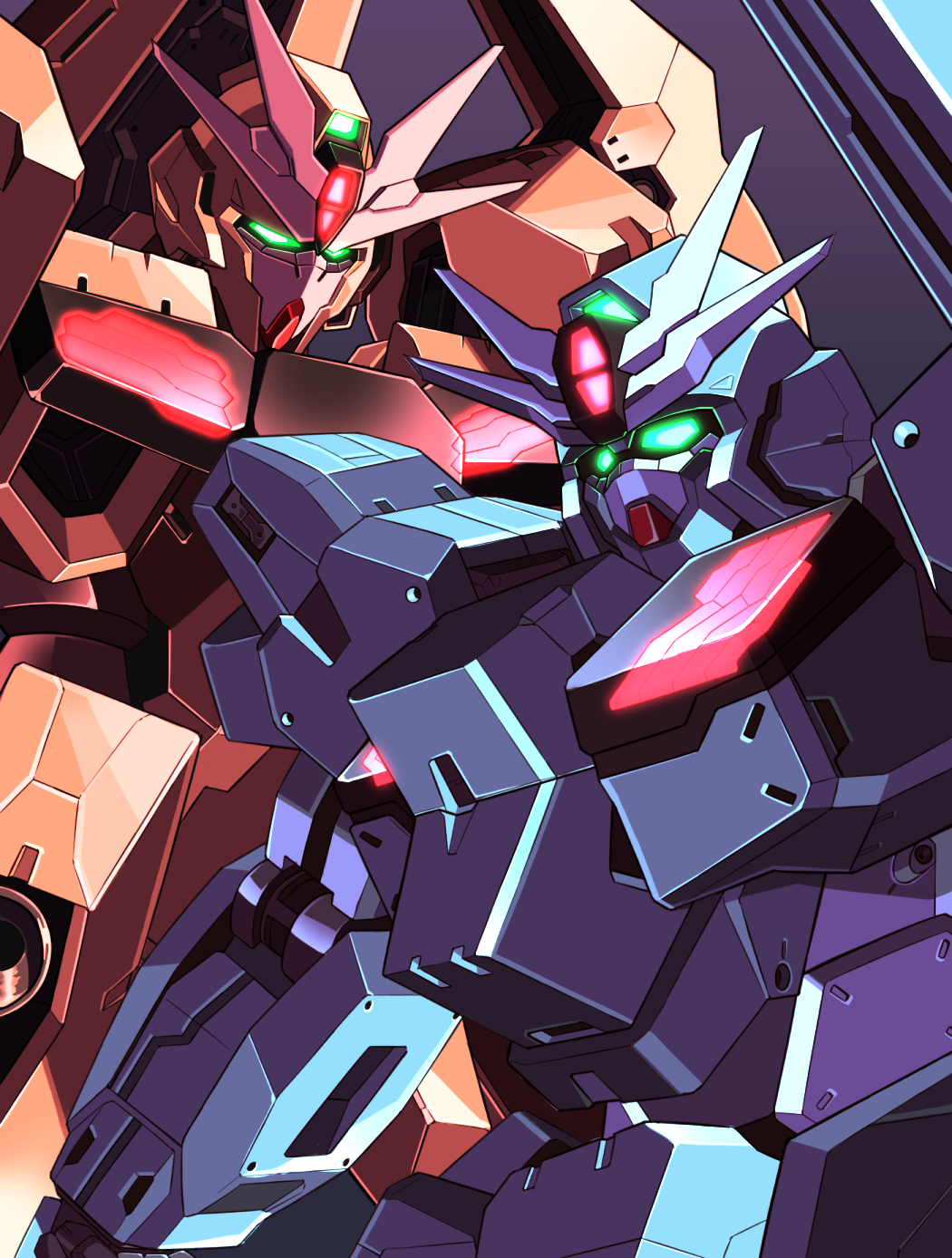 commentary_request, daigosan_(k66daigensui), glowing, glowing_eyes, green_eyes, grey_background, gundam, gundam_lfrith_thorn, gundam_lfrith_ur, gundam_suisei_no_majo, highres, looking_down, mecha, mobile_suit, no_humans, robot, science_fiction, simple_background, upper_body, v-fin