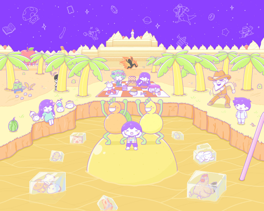 >_<, 2girls, 6+boys, :o, absurdres, apple, aubrey_(headspace)_(omori), aubrey_(omori)